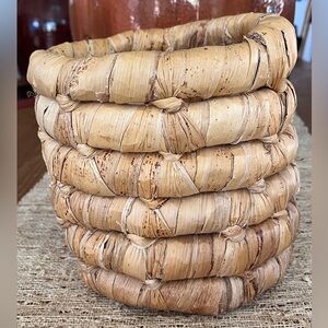 Vintage Two Tone Coiled Rattan Handwoven Plant Basket Boho Handmade